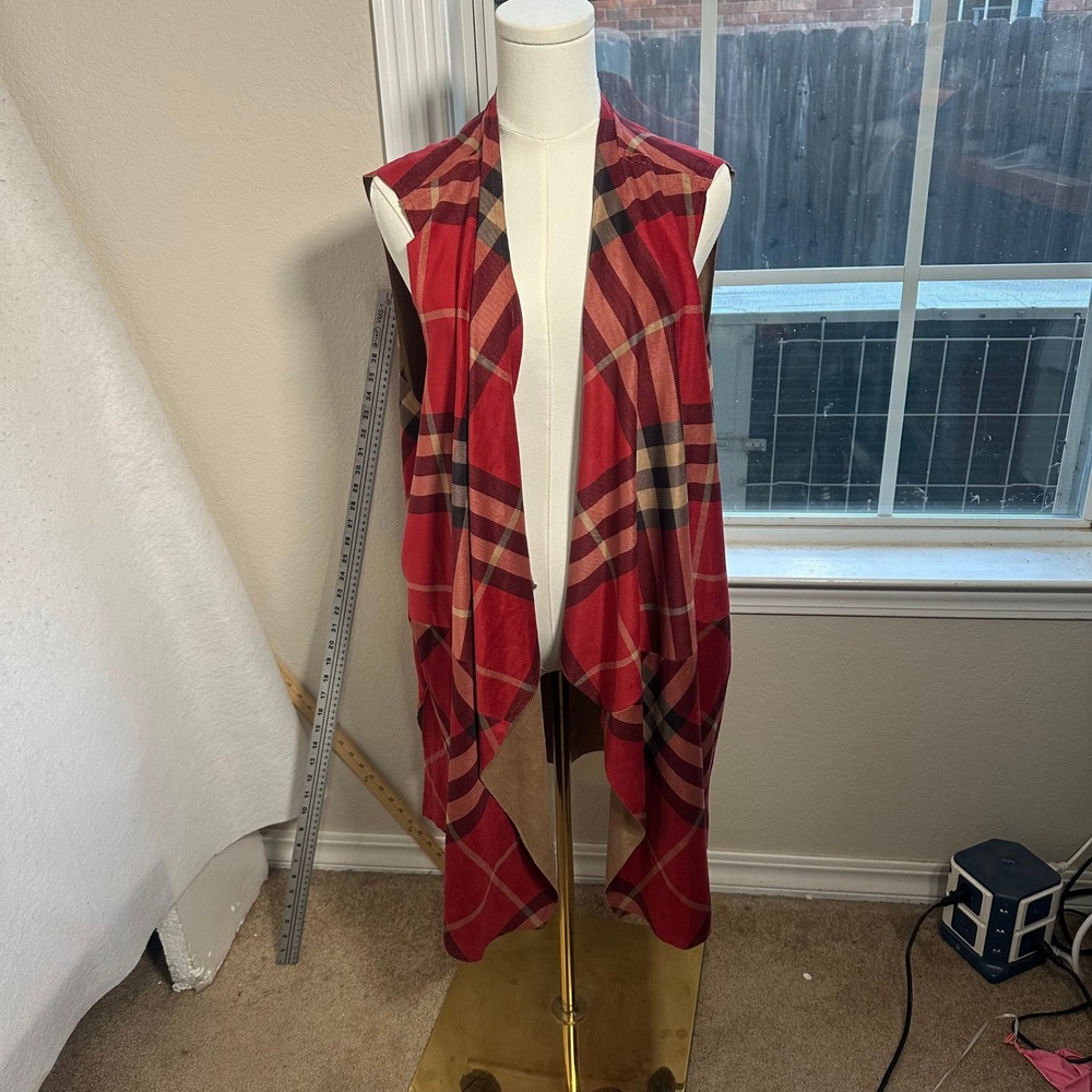 Red Plaid Faux Suede Draped Waterfall Open Front Longline Vest Cardigan 3X